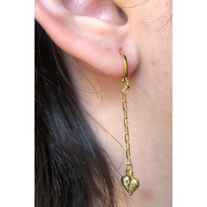 Brinco Argolinha com Corrente e Coração Banhado em Ouro 18k