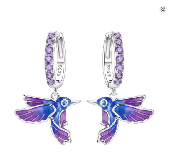 Brincos Pássaro Azul e Roxo em Prata 925 Orstarry