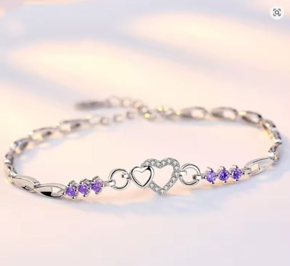 Pulseira de Prata 925 com Ametista Natural e Zircão em Coração