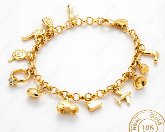 Pulseira Feminina Banhada a Ouro 18k com Pingentes Fashion