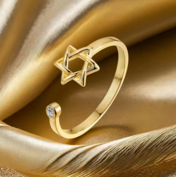 Anel Ajustável Hexágono com Zircão – Estrela de Davi